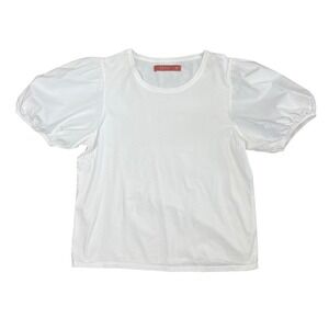 CITY White Puff Sleeve Crew Neck Top Short Sleeve Cotton Blend Tee Womens Large